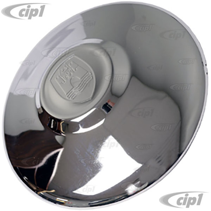 C13-10-1071-B - EMPI - CHROME HUB CAP WITH CASTLE LOGO - 5 BOLT WHEEL BEETLE 66-67 / GHIA 1966 / TYPE-3 62-65 - SOLD EACH