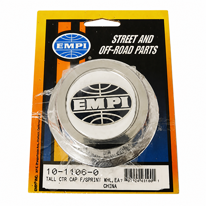 C13-10-1106 - EMPI - EXTRA TALL REPLACEMENT CHROME (PLASTIC) CENTER CAP - FITS ALUMINUM REPRODUCTION SPRINT STAR / 2-LITRE 914/RIVIERA WHEELS - FITS 65MM HOLE - SOLD EACH