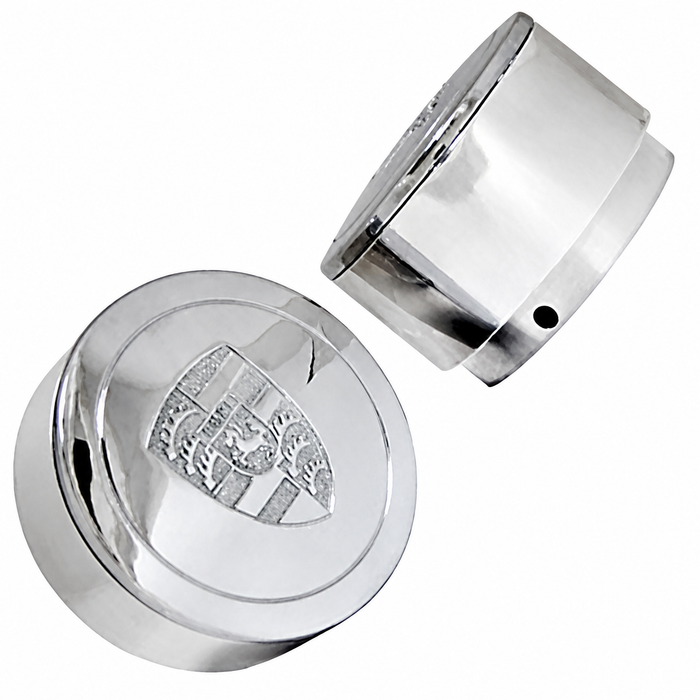 C13-10-1107 - EMPI - BILLET POLISHED ALUMINUM TALL LOGO CENTER CAPS FOR 911 STYLE AND GAS-BURNER STYLE WHEELS (FIT 70MM DIA. HOLE) - SOLD PAIR