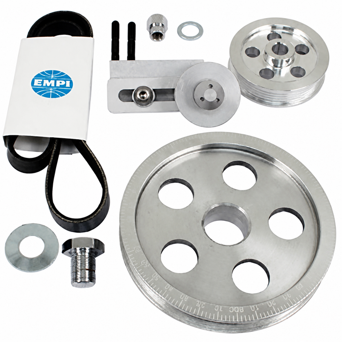 C13-17-2811 - EMPI - SERPENTINE BELT PULLEY SYSTEM - POLISHED  ALUMINUM WITH ETCHED TIMING MARKS - BOLT-ON DESIGN - 1600CC BEETLE STYLE ENGINES - SOLD KIT