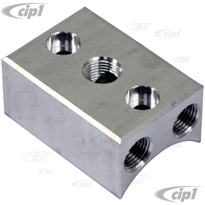 C13-17-2812 - EMPI - BILLET BRAKE LINE UNION - 3 TAPPED 1/8 NPT HOLES - 2 10MM X 1.0 HOLES - SOLD EACH