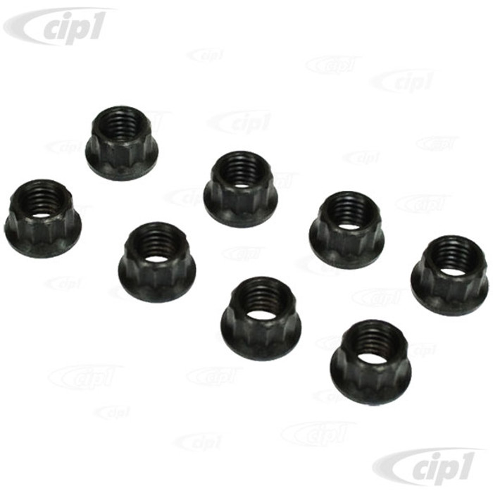 C13-17-2988 - EMPI - SET OF 8 BLACK EXHAUST / INTAKE NUTS - 12 POINT 8MM X 1.25 - USES 10MM 12 POINT SOCKET - SET OF 8
