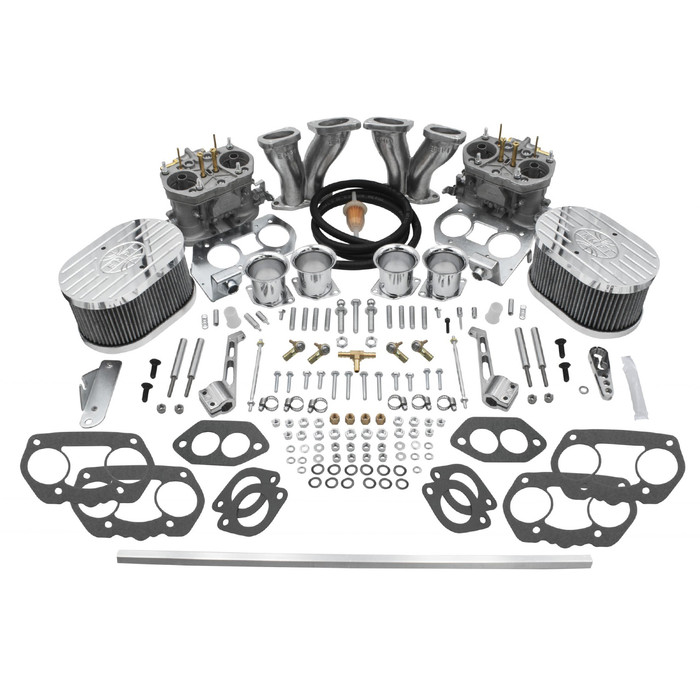 C13-47-9319 - EMPI DUAL 44MM HPMX DELUXE DUAL IDF STYLE CARB KIT WITH HEX BAR LINKAGE - 1600CC DUAL PORT BEETLE STYLE ENGINE - FITS BEST WITH STOCK FAN SHROUD - ALSO FITS WITH 36HP SHROUD - SOLD KIT