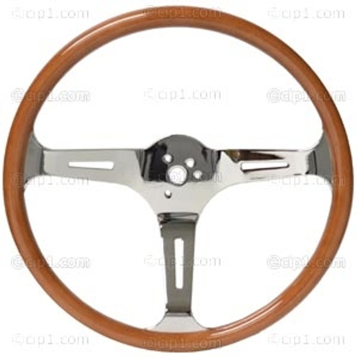 C13-79-4028-KIT - CLASSIC WOOD STEERING WHEEL KIT (23MM GRIP) - 15 INCH (380MM) DIAMETER - 3 INCH DISH - 3 CHROME STEEL SLOTTED SPOKES - WITH CHOICE OF HORN BUTTON