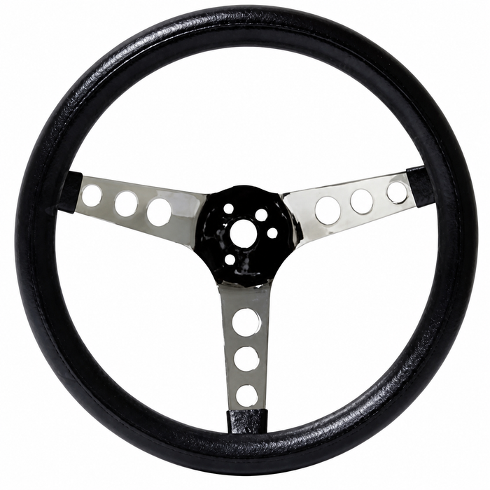 C13-79-4112 - EMPI - POLY FOAM CHROME STEERING WHEEL - 3 SPOKE - 12-1/2 INCH DIA. - 3-1/2 INCH DISH - SOLD EACH