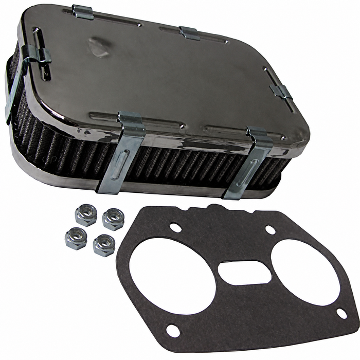 C13-8805 - CHROME RECTANGULAR AIR CLEANER ASSEMBLY - 1-3/4 INCH HIGH - FITS EMPI HPMX / WEBER 40-44-48MM IDF & DELLORTO DRLA - SOLD EACH