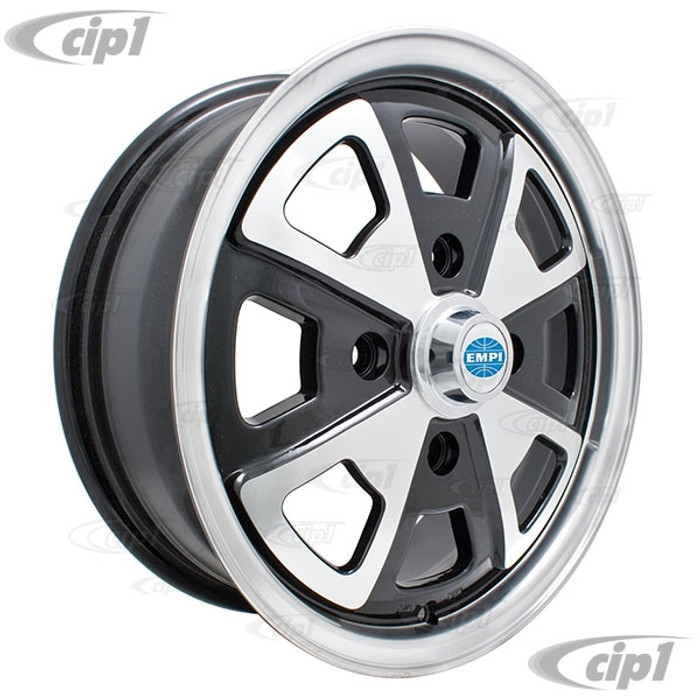 C13-9681 - EMPI BRAND - 914 2-LITRE STYLE ALUMINUM WHEEL - BLACK WITH POLISHED SPOKES - 5.5 INCH WIDE X 15 INCH DIA. (4.5 INCH BACKSPACE) - CENTER CAP AND VALVE STEM INCLUDED - SOLD EACH