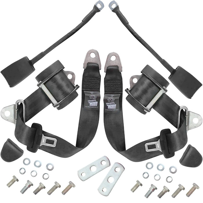 ACC-C10-3851 - RBT-3PTEU-BLK - PAIR OF 3-POINT RETRACTABLE EUROPEAN STYLE SEATBELTS - WITH BASIC MOUNTING HARDWARE (CUSTOM VW MOUNTING BRACKETS SOLD SEP.) - BLACK - SOLD PAIR