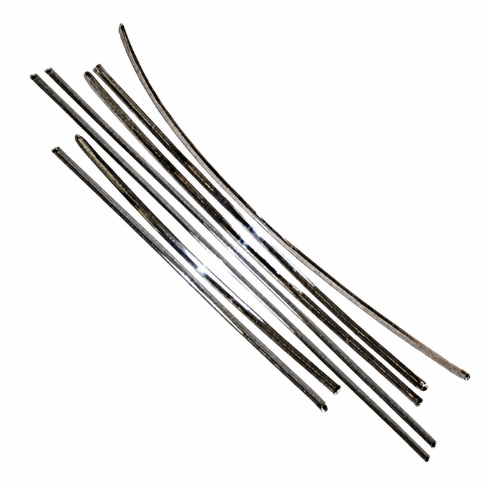 C24-113-898-111-BSL  - 113898111B - TOP QUALITY  - 7 PIECE POLISHED STAINLESS STEEL BODY SIDE MOLDING KIT - HOOD STRIP 39-1/4 INCH (18MMx999MM) - BEETLE 64-66 - 1963 ONLY W/O HOOD BADGE - SOLD KIT