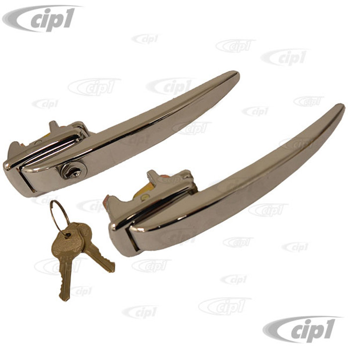 C24-211-898-205-BNL - (211837205B) TOP RESTORATION QUALITY WITH BEAUTIFUL CHROME PLATING - PAIR OF OUTER DOOR HANDLES W/KEYS (1 X LOCKING - 1 X NON-LOCKING) - BEETLE 46-55 BUS 52-60 - SOLD LEFT AND RIGHT PAIR