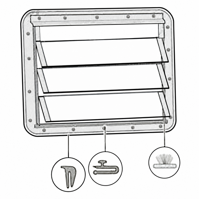 C24-231-069-411 - (231069411) EXCELLENT QUALITY - (JALOUSIE) WESTFALIA LOUVERED WINDOW RESTORATION SEAL SET - ORIGINAL GREY COLOR - BUS TO 67 - SOLD SET