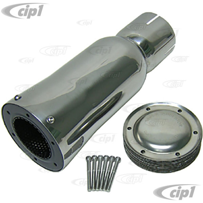 C26-251-085 - POLISHED STAINLESS STEEL BIG SHOT SPARK ARRESTOR - INLET DIA. 3-1/4 INCH - OVERALL LENGTH 14 INCH - DIAMETER AT END 5 INCH - (A10)