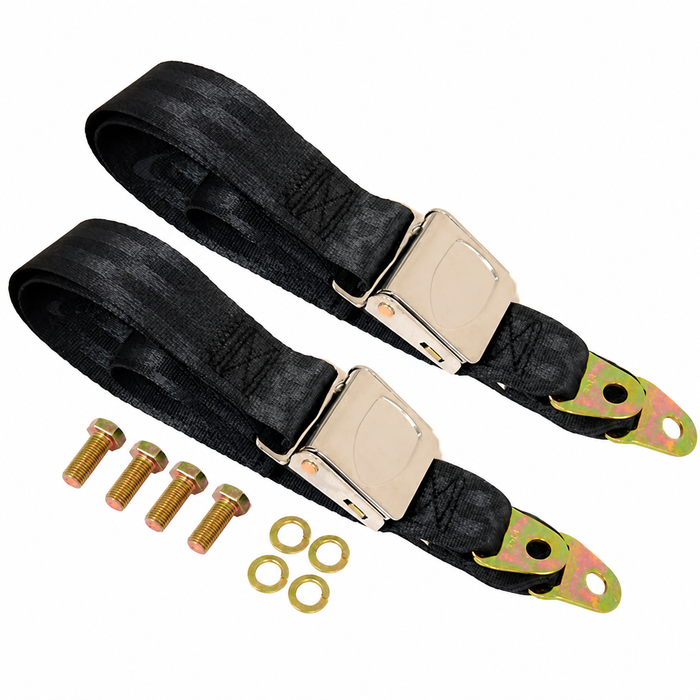 C26-857-003WCHR - 2 POINT LAP BELTS - BLACK WITH CHROME BUCKLE -  FOR ALL FRONT OR REAR - WITH INSERT FOR WOLFCREST EMBLEM - EMBLEM SOLD SEP. - SOLD PAIR