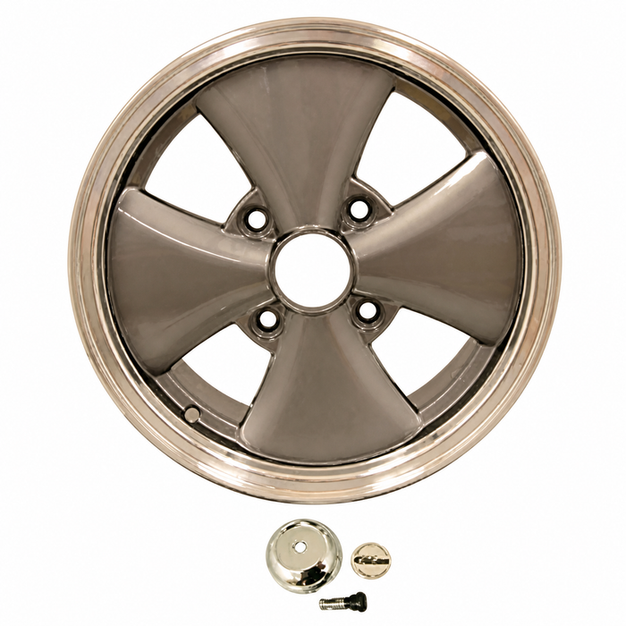 C32-EIC-GM - 4 SPOKE IRON CROSS WHEEL W/CENTER CAP - GUN METAL FINISH - 15 INCH X 5.5 INCH WIDE (3 7/8 INCH BACKSPACE) - 4 BOLT X 130MM - BEETLE 68-79 / GHIA 68-74 / TYPE-3 66-73 - HARDWARE SOLD SEP. - SOLD EACH