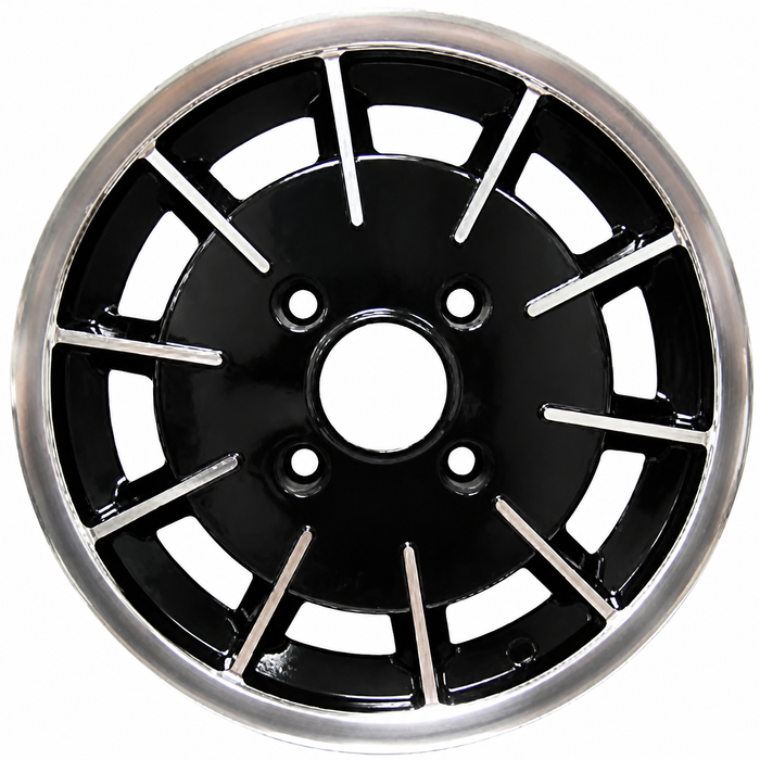 C32-GBB - GAS-BURNER STYLE ALUMINUM WHEEL - BLACK WITH POLISHED RIBS - 5.5 INCH WIDE X 15 INCH DIA. - 4X130MM VW BOLT PATTERN (4 INCH BACKSPACE) - CENTER CAP AND  BALL-SEAT HARDWARE SOLD SEPARATELY - SOLD EACH