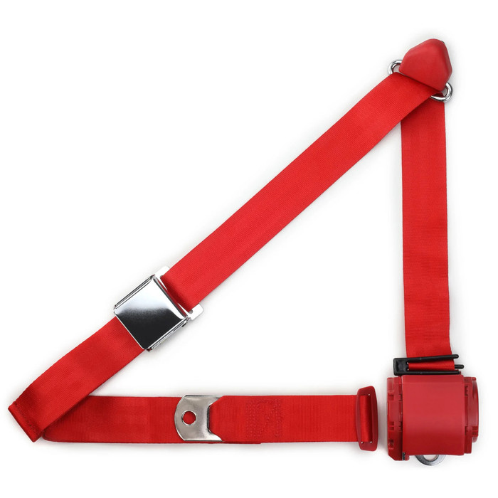 C45-3P-AF-BRD - BRIGHT RED 3 POINT RETRACTABLE LAP / SHOULDER BELT WITH CHROME LIFT VINTAGE BUCKLE - COLOR MATCHED RETRACTOR HOUSING AND STITCHING - SOLD EACH