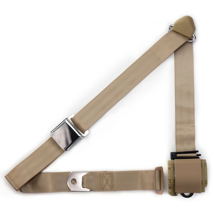 C45-3P-AF-TAN - TAN 3 POINT RETRACTABLE LAP / SHOULDER BELT WITH CHROME LIFT VINTAGE BUCKLE - COLOR MATCHED RETRACTOR HOUSING AND STITCHING - SOLD EACH