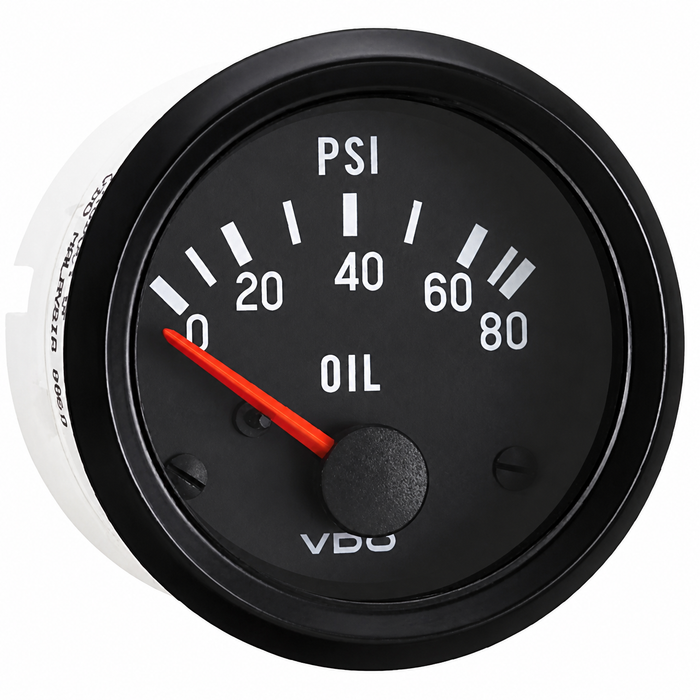 VDO-350-040 - 350040 - GENUINE VDO - LIMITED TO STOCK ON HAND - NLA FROM VDO - BLACK FACE COCKPIT OIL PRESSURE GAUGE GAUGE-80 PSI 2-1/16 - 52MM - SOLD EACH