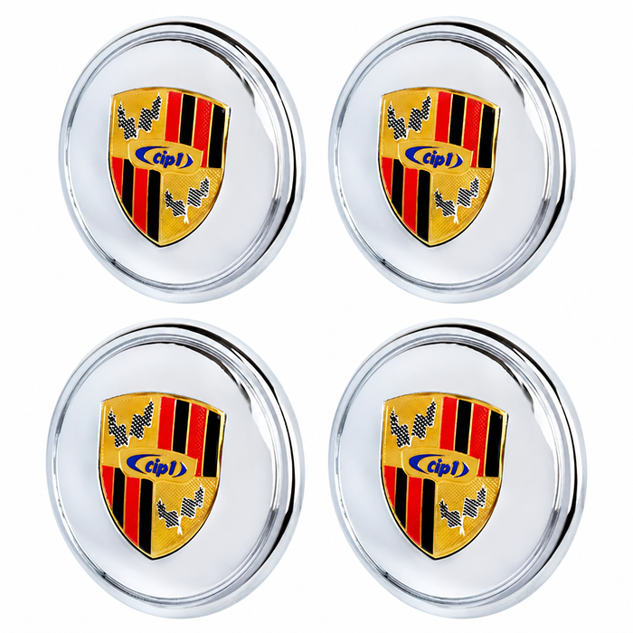 ACC-C10-6602-E4 - SET OF 4 CIP1 CHROMED PLASTIC CENTER CAPS WITH COLORED LOGO CREST FOR 911 STYLE AND GAS-BURNER WHEEL (FIT 70MM DIA. HOLE) - SOLD SET OF 4