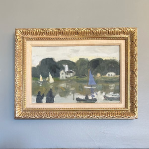 Coastal View with Blue Sailboat - Painting by Bernard Lamotte