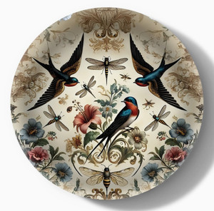 Birds and Bees large round tray 18 inch Swedish birchwood with botanical artwork