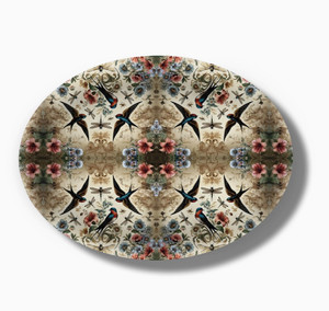 Oval Birds and Bees tray 13 inch Swedish birchwood with bold botanical graphic