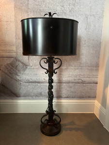 Jan Barboglio La Biblioteca hand-forged twisted iron table lamp with iron drum shade