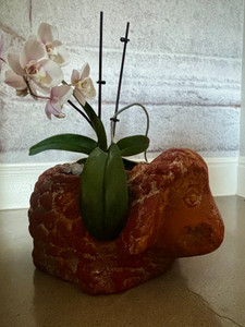 Clay potted sheep measuring 7.25" tall, 9.25" wide, and 13.5" long.