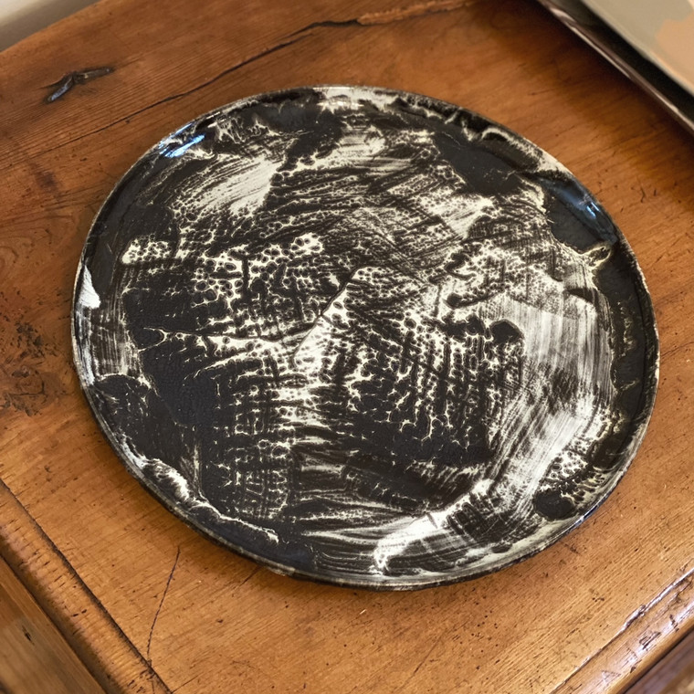 Round Ceramic Platter - Brushstroke Charcoal by Paul Schneider Ceramics
