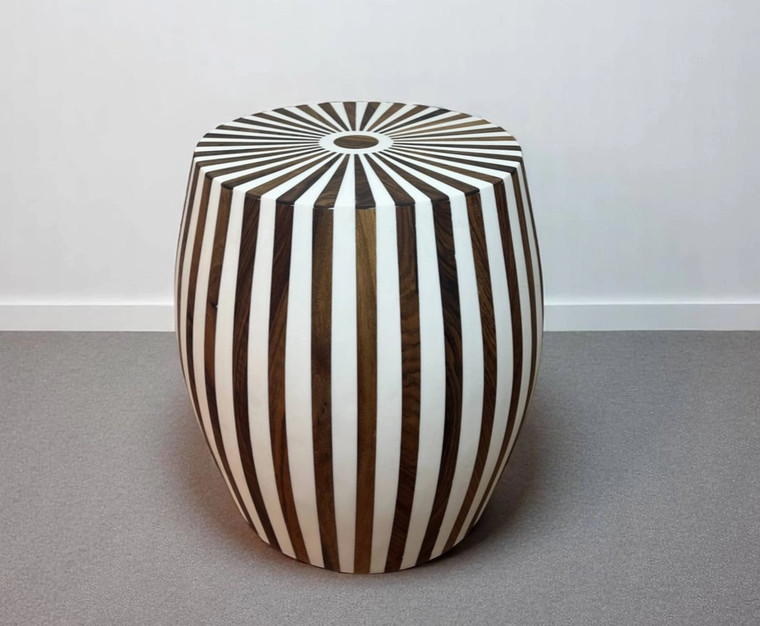Round Walnut Wood and White Resin Side Table – Handmade Sculptural Accent Table with Modern Art Deco Elegance