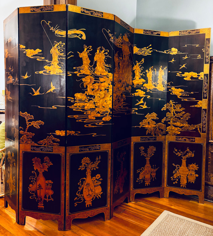 Vintage Chinese Screen - Black and Gold, 6 panels.
