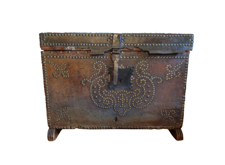 19th Century Spanish leather box with nailhead trim 26 inch