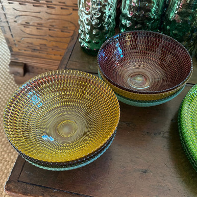 Cut Glass Bowls available in green, yellow, and aqua.