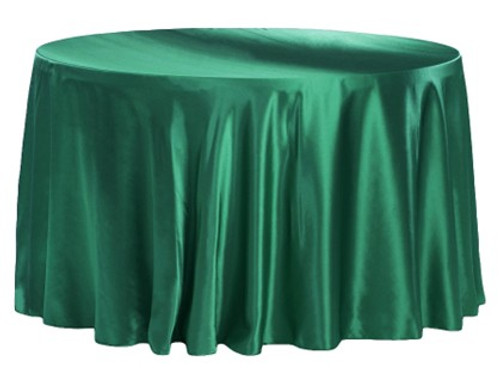 emerald green satin round tablecloth on a table