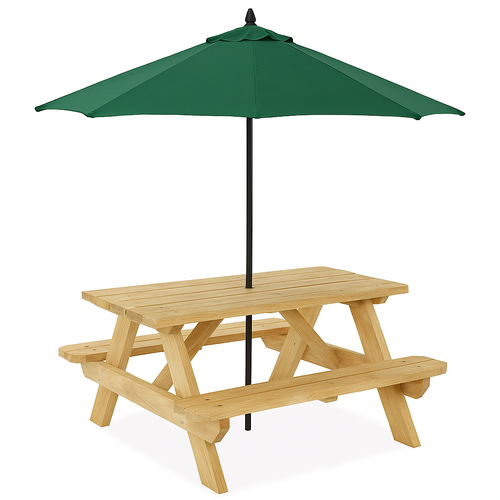 Wooden Picnic Table with Green Umbrella