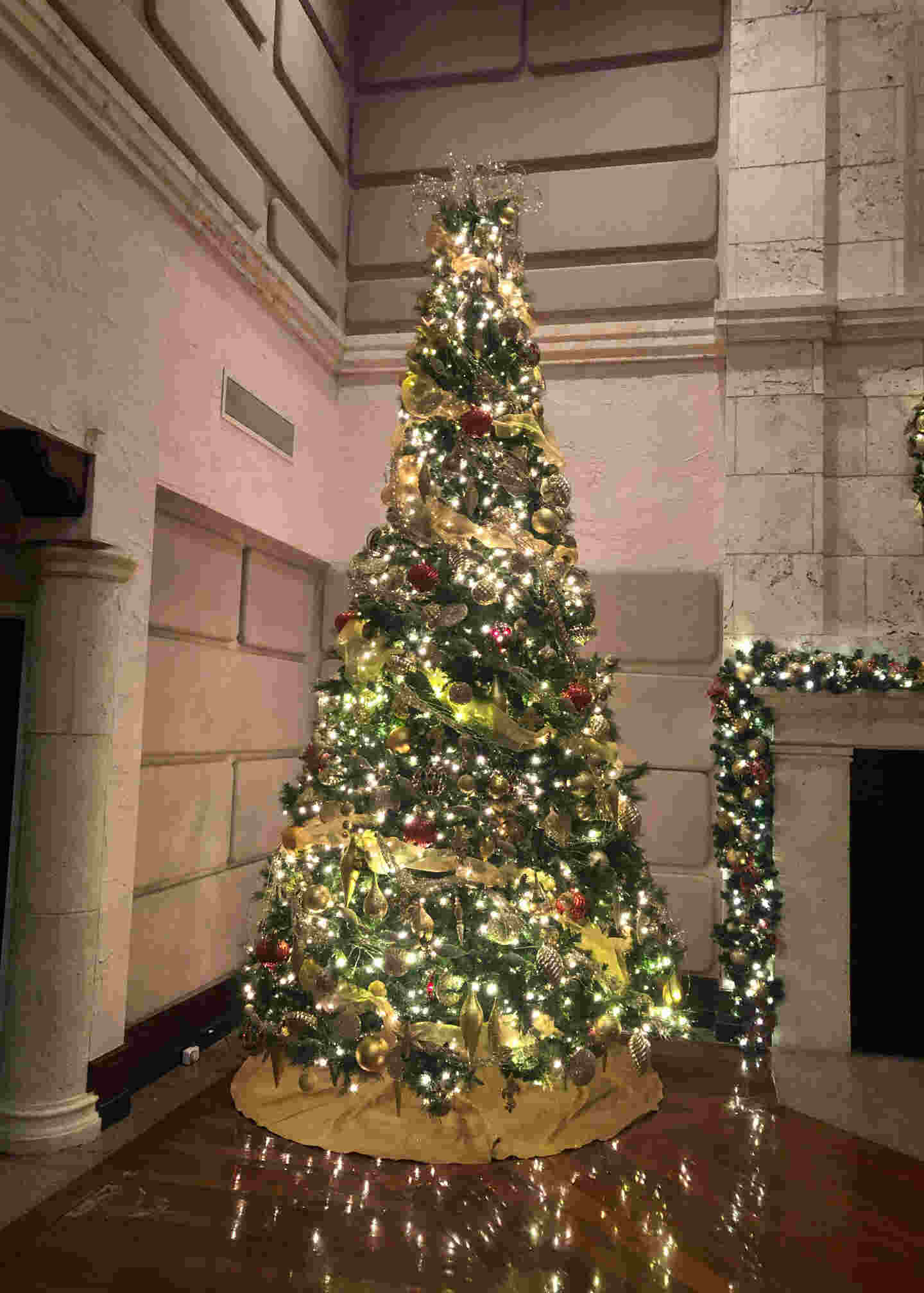 a Christmas tree decorated in white lights sitting in the corner of a room next to a fireplace with matching garland on the mantle