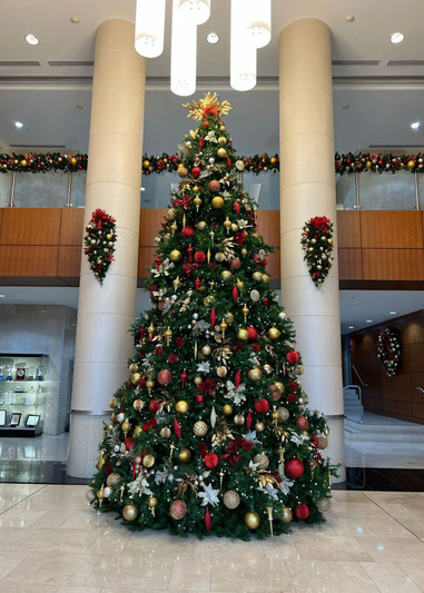 large Christmas tree centered in front of two ceiling tall pillars