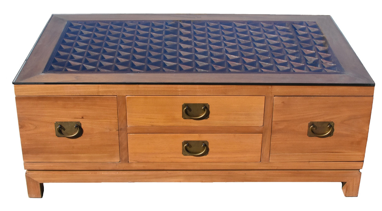 Asian Coffee Table With Antique Screen And 8 Drawers Eastern Living