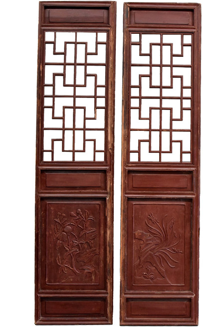 Pair Chinese Antique Screens, Orchids and Pomegranates