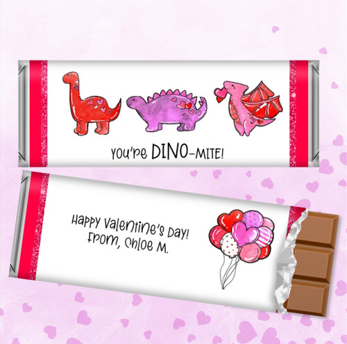 Pink Girl's Dinosaur Valentines Candy Bar Party Favors