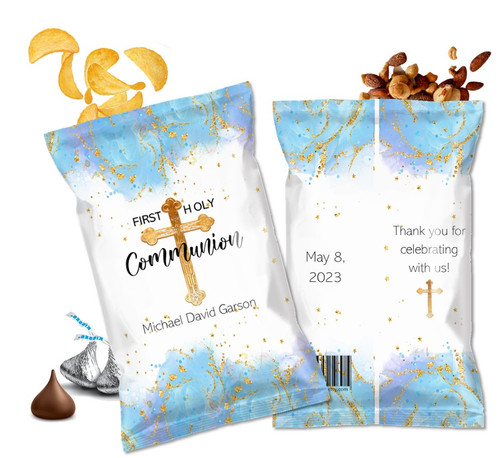 Blue Gold Watercolor First Holy Communion Custom Personalized Chip Bags
