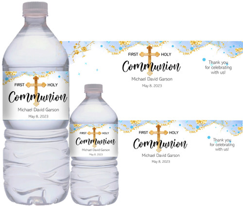 Watercolor Blue and Gold Cross Boy's First Communion Favors Personalized Water Bottle Label Stickers Self-Stick Waterproof | Set of 10