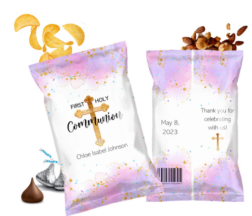 Pink Gold Watercolor First Holy Communion Custom Personalized Chip Bags