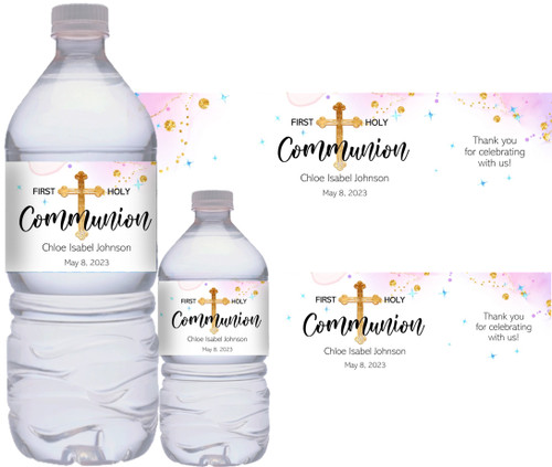 Watercolor Pink and Gold Cross First Communion Favors Personalized Water Bottle Label Stickers Self-Stick Waterproof | Set of 10