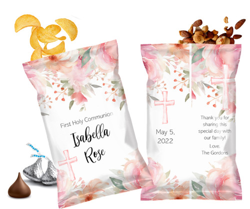 Pink Floral Watercolor First Holy Communion Custom Personalized Chip Bags