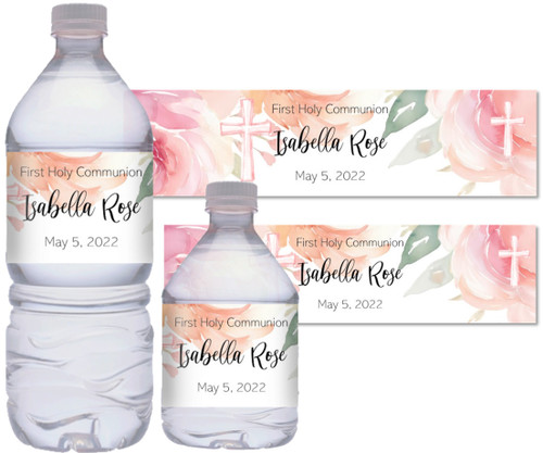 Pink Floral Watercolor First Communion Favors Personalized Water Bottle Label Stickers Self-Stick Waterproof | Set of 10