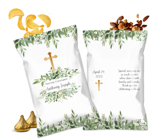 Boho Greenary Foliage Watercolor First Holy Communion Custom Personalized Chip Bags