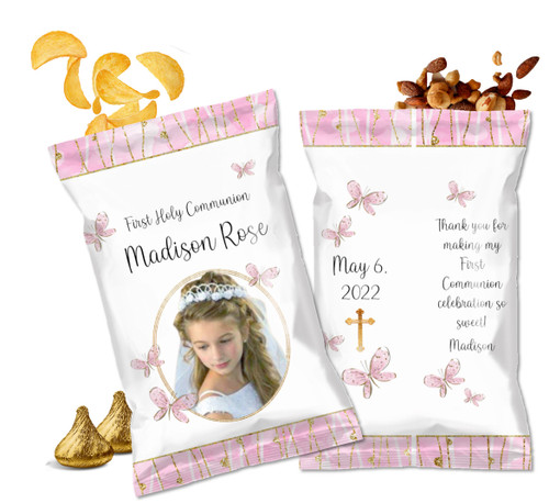 Pink Butterflies Photo First Holy Communion Custom Personalized Chip Bags