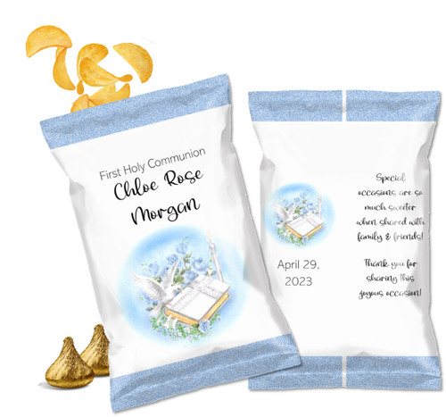 Blue Dove and Bible First Holy Communion Custom Personalized Chip Bags