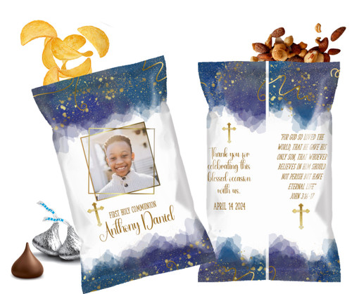 Blue Gold Photo First Holy Communion Custom Personalized Chip Bags